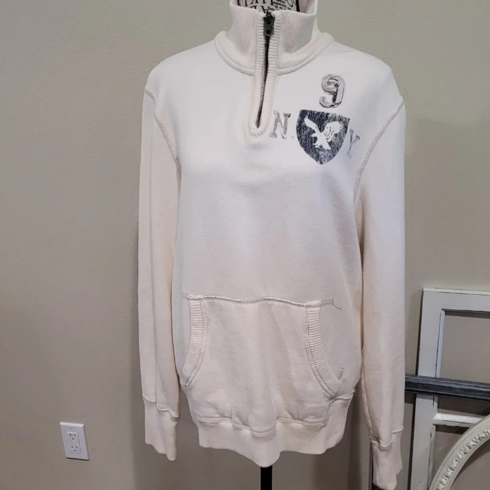 American Eagle Mens Size S 1/4 zip Pullover Collared Sport Ivory w/logo‎ print